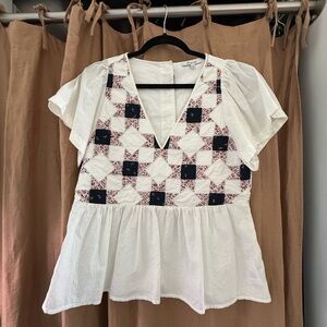 Madewell White and Blue Peplum Blouse